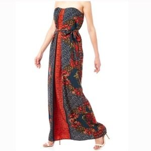 Lavender Brown rust‎ multi Floral boutique strapless maxi dress sz S orange blue